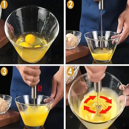 Step-by-step guide to whisking eggs in a glass bowl with a handheld egg beater on a kitchen counter
