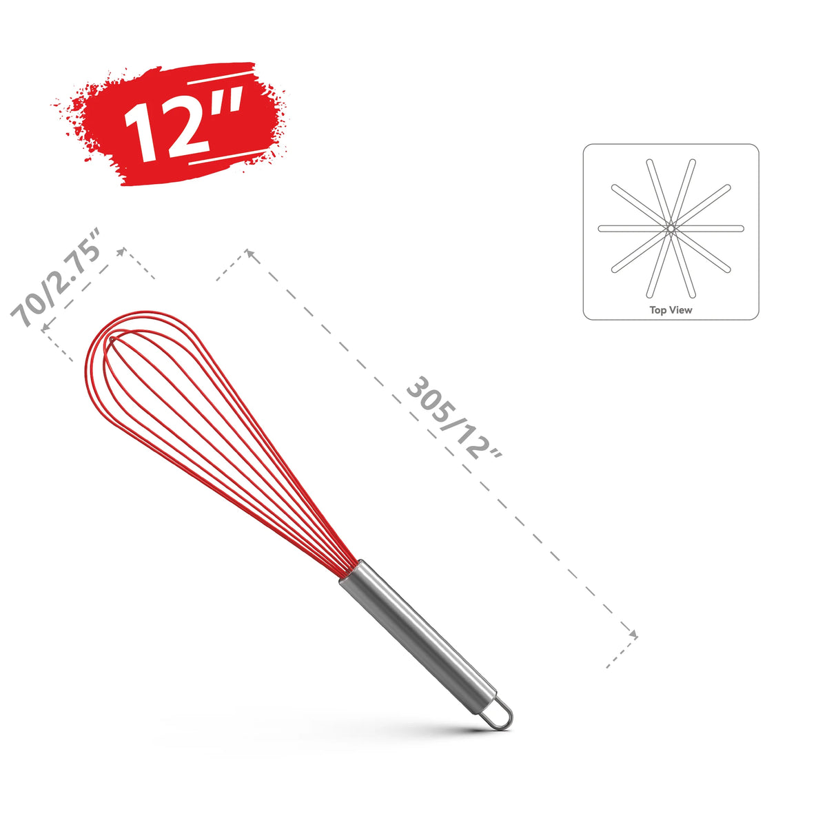 12-inch red silicone whisk with stainless steel handle and top view diagram showing dimensions