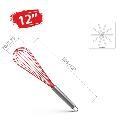 12-inch red silicone whisk with stainless steel handle and top view diagram showing dimensions