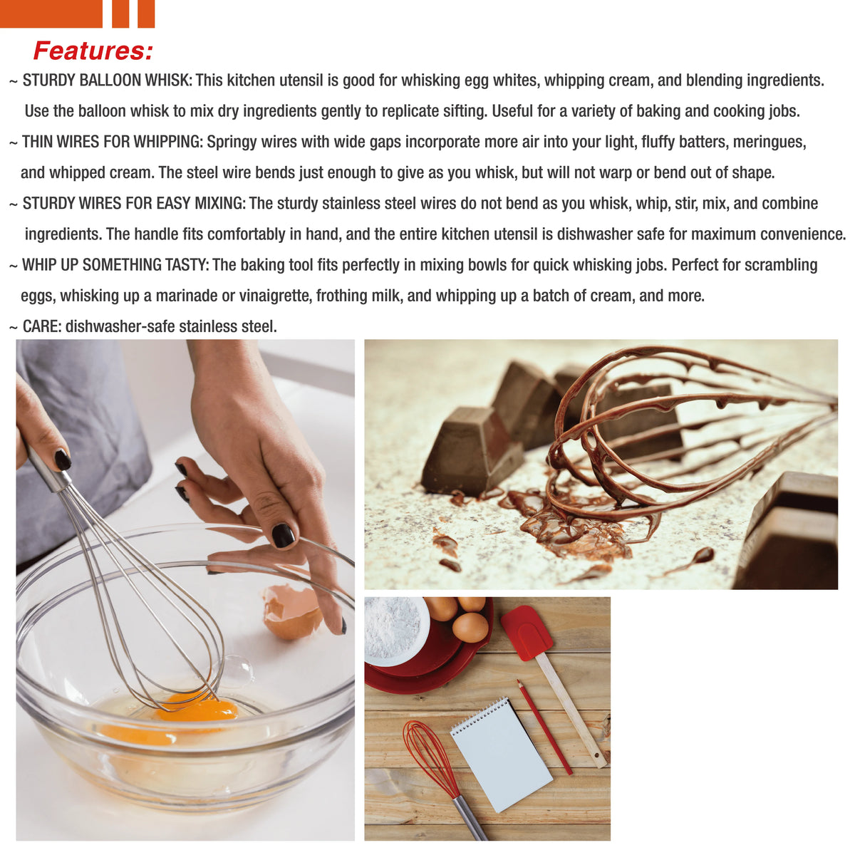 Kitchen collage with balloon whisk beating egg in glass bowl, whisk with melted chocolate, and baking ingredients with notepad