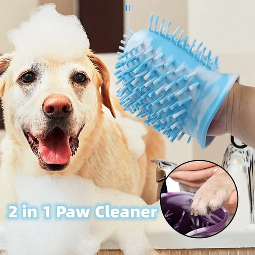 Happy dog covered in soap suds being washed with blue silicone 2 in 1 paw cleaner glove