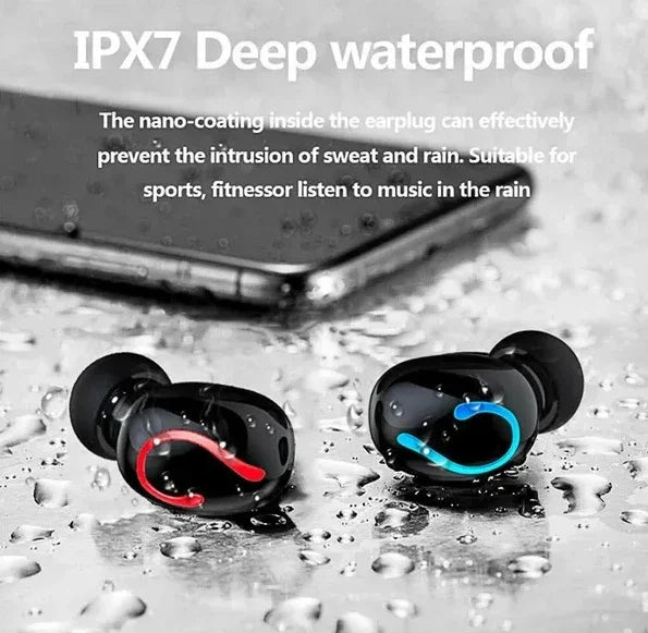 IPX7 waterproof black wireless earbuds with red and blue accents next to a water-covered smartphone
