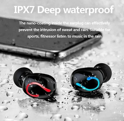 IPX7 waterproof black wireless earbuds with red and blue accents next to a water-covered smartphone