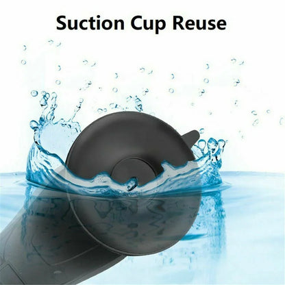Black suction cup splashing in clear blue water with text 'Suction Cup Reuse' on white background