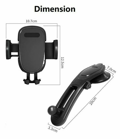Black adjustable car phone holder with dimensions 10.7x12.5cm and arm 20x7x3.3cm