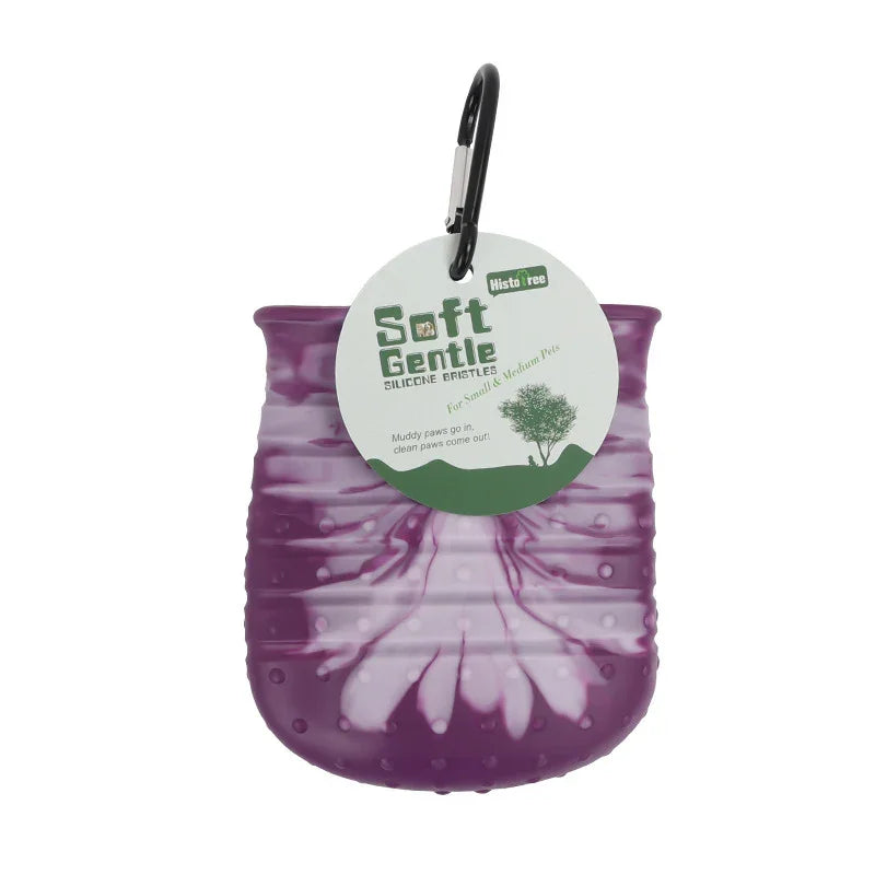 Purple silicone soft gentle pet paw cleaner with silicone bristles and black clip