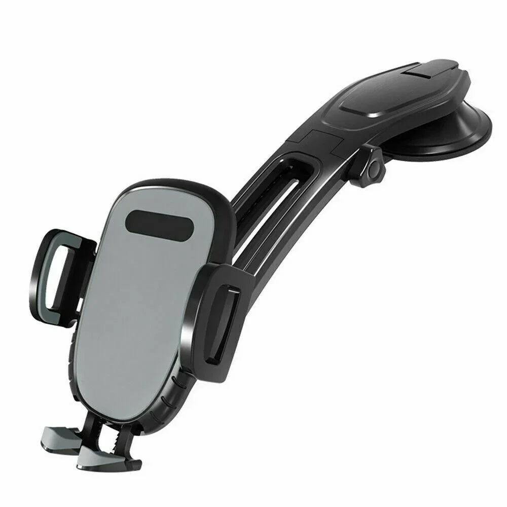 Adjustable black and gray car phone holder with suction cup mount for dashboard