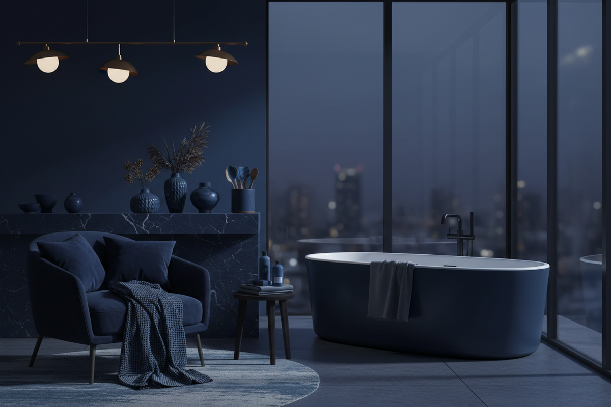 generate home and living essential image little dark blue without text