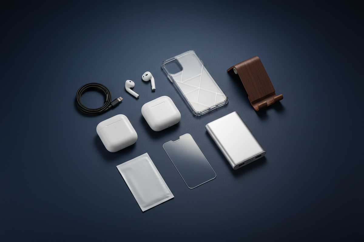 generate Mobile Accessories Essential image without text , middle dark blue 