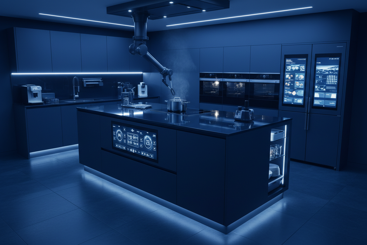 generate Smart Kitchen  Revolution image and should be in little dark blue without text